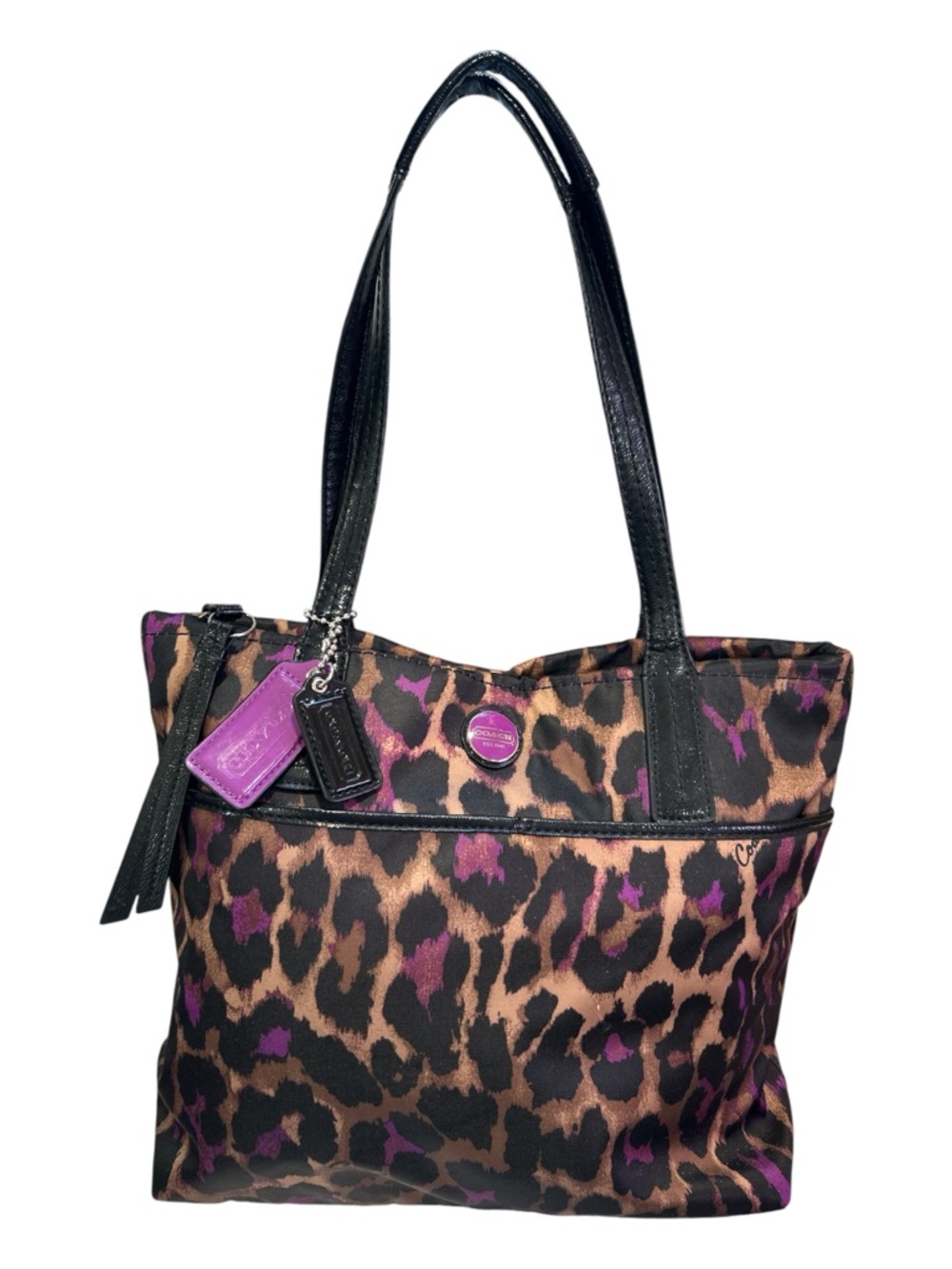 Coach Ocelot Leopard Print Shoulder/Tote bag with Purple Accents